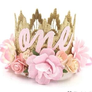 FIRST BIRTHDAY Gold and Pink Floral Kids Crown